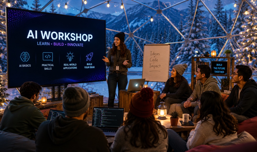 An instructor and learners with laptops at an AI workshop; illustrative training image, not the demo venue