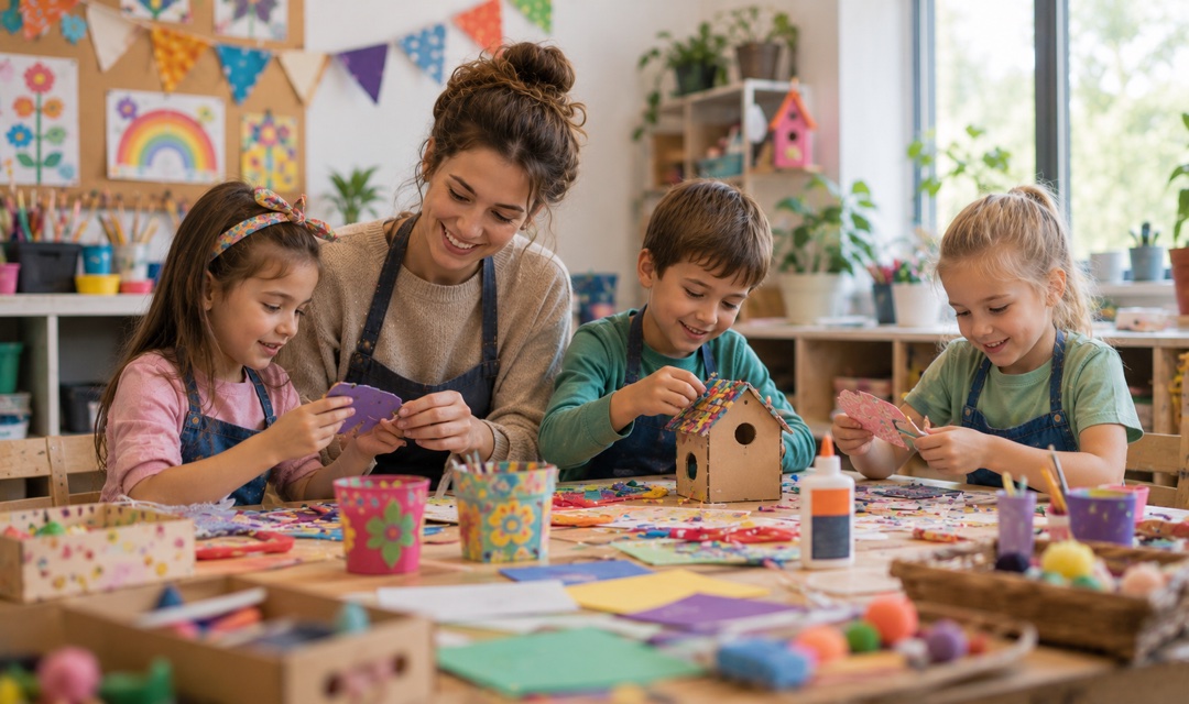 Children making crafts with an instructor; illustrative party activity, not a real Tixmore customer event