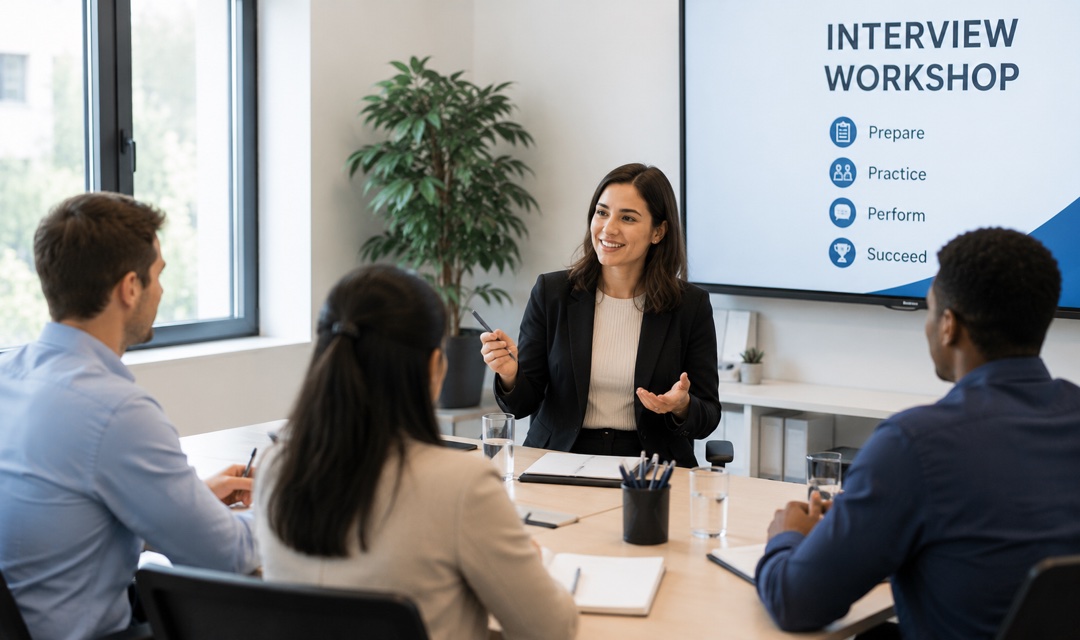 A facilitator leading a small-group interview workshop; illustrative image, not a real customer or hiring panel