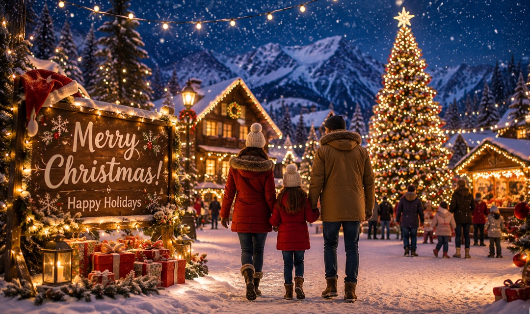 Illustrative Christmas village and decorated tree; seasonal artwork, not the sample workshop venue