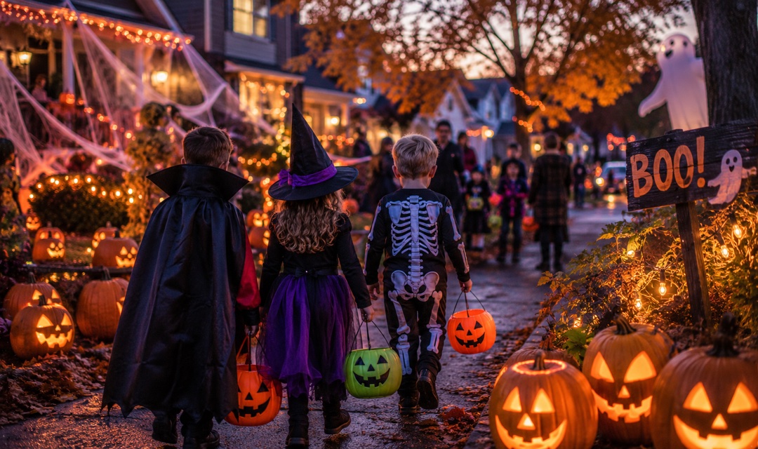 Illustrative Halloween street with costumes and decorated pumpkins; not a real customer event or workshop venue